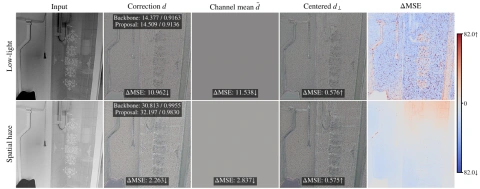 Figure 2 from GRA-Flow: image-space correction decomposition under low-light and spatial haze, including channel-mean and centered components and pixelwise error changes.